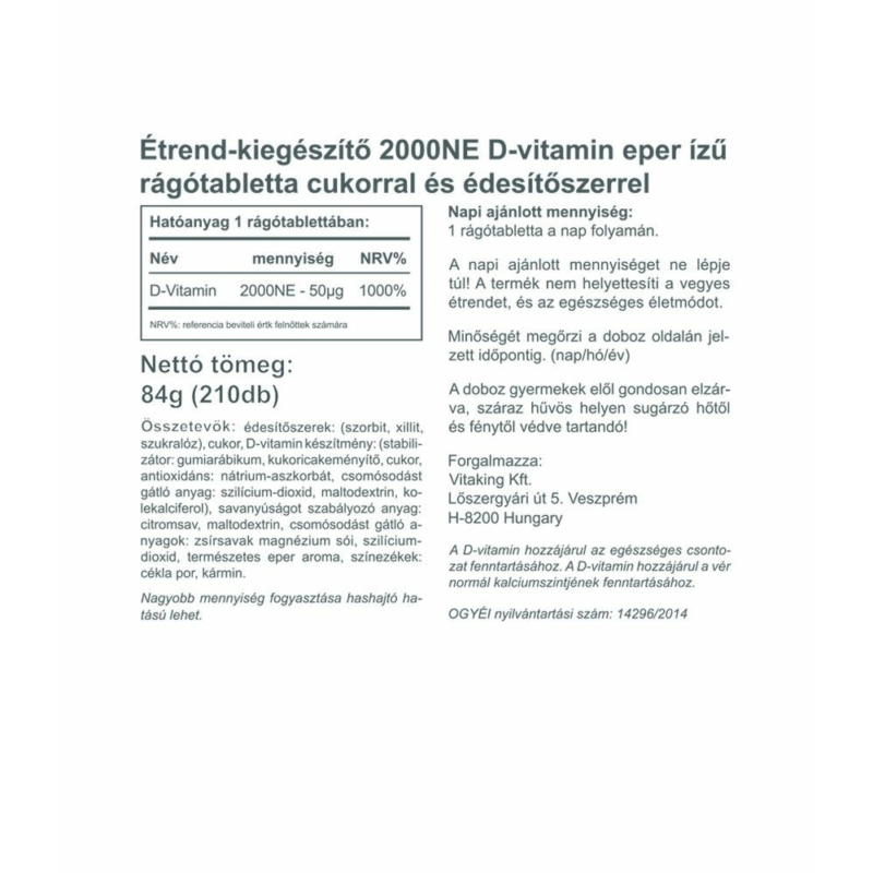 Vitaking Epres D3-Vitamin rágótabletta 2000NE – 210 db
