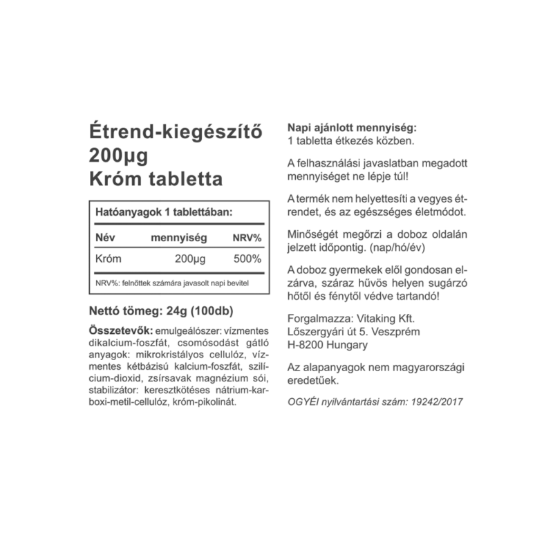 Vitaking Króm Pikolinát (króm tabletta) - 100 db
